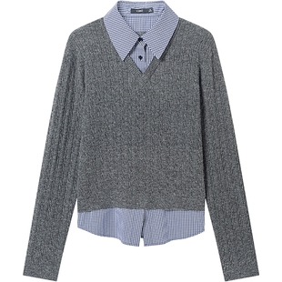 【宠粉价3件8折】衣香丽影衬衫领拼接假两件针织衫女冬装灰色上衣