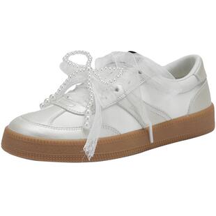 热风薄底德训鞋女款2025年冬季新款蕾丝珍珠小白鞋百搭轻便板鞋子