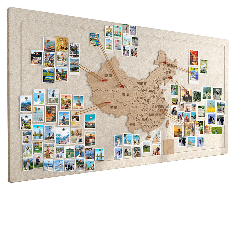毛毡板中国地图旅行照片墙足迹打卡世界软木旅行地图标记墙版吸毛毡板墙贴幼儿园主题创意免打孔客厅墙面装饰