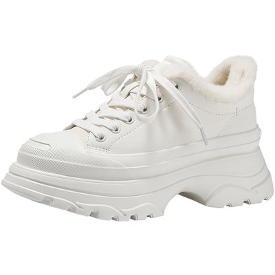 BellaLily2025冬季新款经典百搭厚底小白鞋加绒保暖牛皮休闲鞋女