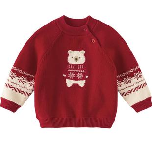 戴维贝拉儿童半高领红色毛衣保暖冬男女童新年上衣加绒圣诞针织衫