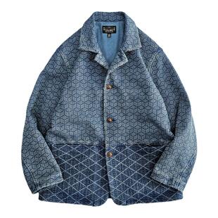 西里布重磅蓝染刺子宽松版休闲夹克西服外套咔叽日系复古水洗新品