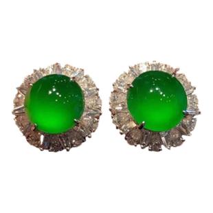 天然碧玉绿玉髓耳钉s925纯银针不过敏镶大气时尚耳饰蛋面满绿带钻