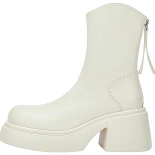 达芙妮厚底短靴女2026秋冬靴子女白色马丁靴增高显瘦粗跟瘦瘦靴女