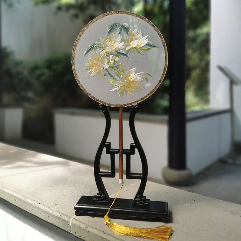 老阊门刺绣团扇宫扇复古扇底座扇扇架子扇子檀架紫光支架圆黑檀木