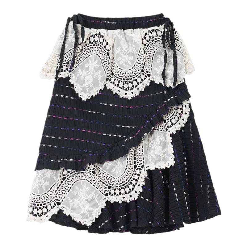 【蕾丝拼接】Unvesno(UN)Ung系列古着女肌理感多层次提花百褶半裙