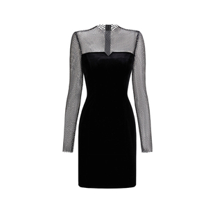 CHICHY法式高级烫钻网纱丝绒连衣裙女26春季新款黑色修身宴会裙子