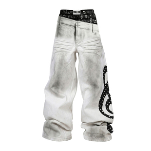 梁拌泡菜 音符魔咒裤渐变做旧高音谱号刺绣喇叭牛仔裤亚文化长裤