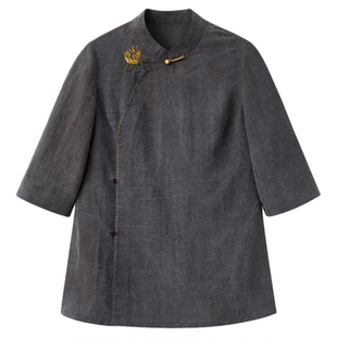 布小匠原创设计桑蚕丝龟纹香云纱绣花旗袍上衣女新款中式秋装衬衫