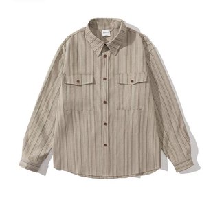 春秋三件套日系复古竖条纹灰色衬衫男女宽松休闲翻领叠穿长袖衬衣