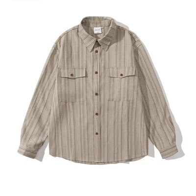 春秋三件套日系复古竖条纹灰色衬衫男女宽松休闲翻领叠穿长袖衬衣