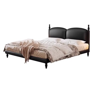 中古风真皮床主卧大床高端黑色2025新款法式复古卧室牛皮双人床