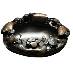 歙砚石头养鱼盆荷叶龟缸茶海天然金皮原石收藏摆件砚台花盆水槽荷叶乌龟水缸户外养鱼池流水盆庭院石缸大摆件