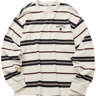 【蔡徐坤同款】nautica白帆 日系中性撞色条纹长袖圆领T恤TW5322