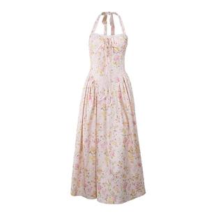 小菊川栗/春日花语裙 晨曦初露法式碎花粉收腰温柔挂脖吊带连衣裙