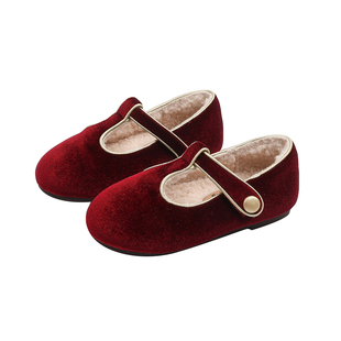 韩版儿童丝绒公主鞋秋冬季加绒保暖宝宝棉鞋复古绒面女童毛毛鞋子