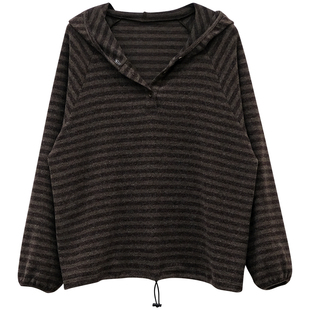 一三良品小个子 休闲复古宽松连帽条纹百搭抓绒长袖T恤打底卫衣