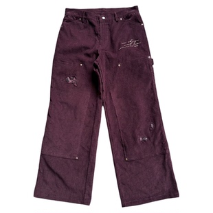 Erole “绘章”刺绣酒红豹纹补丁灯芯绒b01复古工装裤双膝伐木裤