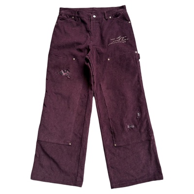 Erole “绘章”刺绣酒红豹纹补丁灯芯绒b01复古工装裤双膝伐木裤