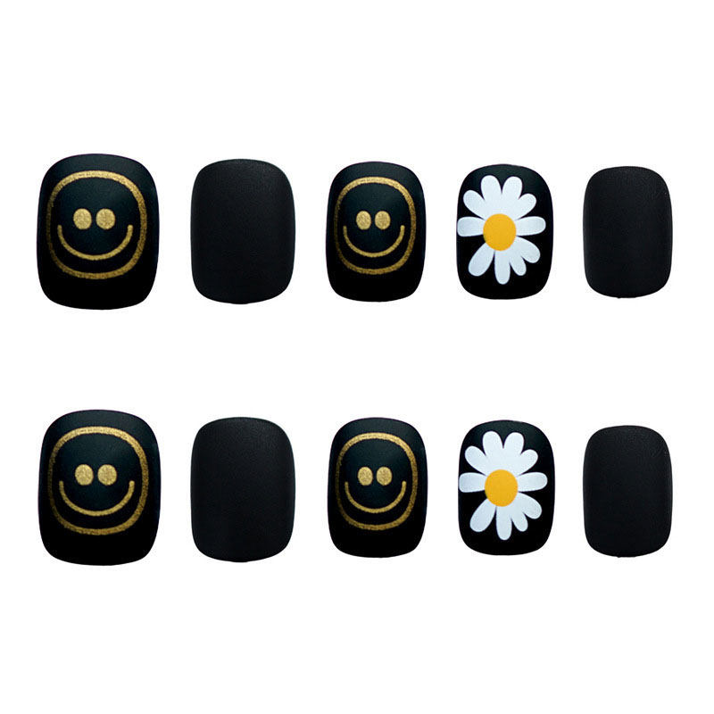 笑脸雏菊黑色磨砂假指甲片nail