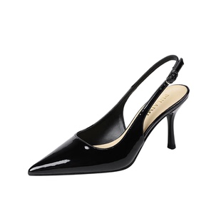 2026漆皮高跟鞋后空细跟尖头黑色一字带半拖凉鞋加肥加宽414243
