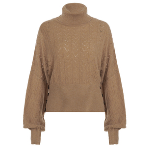 DARLINGAGA美式复古棕色半高领蝙蝠袖毛衣女慵懒感宽松收腰短上衣