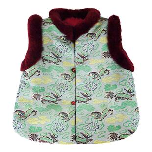 篙品质织锦缎儿童拜年服女童獭兔毛边夹棉马甲中国风男童唐装外套