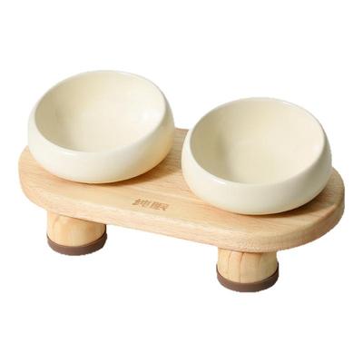 【纯眠_实木陶瓷碗】猫咪食盆粮双碗饮水宠物狗猫碗保护颈椎防滑