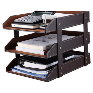 办公桌文件座皮革三层立式文件资料收纳架办公室档案文件夹收纳盒办公用品整理置物文件筐多层黑色文件架
