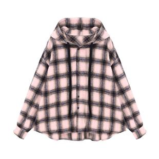 Basic House/百家好撞色格子外套秋冬休闲连帽抽绳单排扣长袖上衣