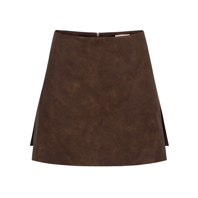 复古棕色假两件皮质短裙休闲裙裤