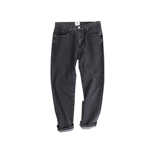 IDLT 新款 宽松九分炭灰色牛仔裤水洗灰黑牛磨边直筒潮男