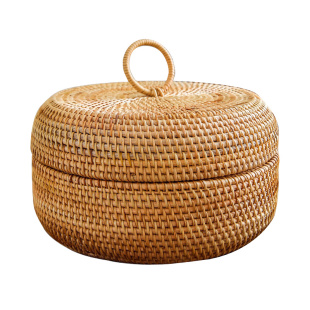 藤编收纳篮带盖藤筐桌面收纳盒茶饼盒茶几零食果盘复古馒头筐馍筐