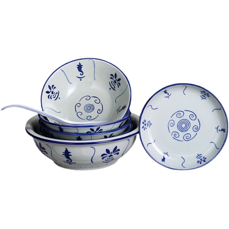 复古怀旧老式釉下彩青花瓷深菜盘碟子双耳鱼盘农家乐摆盘餐具组合