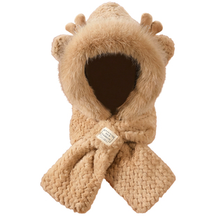 2025新款帽子女冬季冬天帽可爱毛绒连帽围巾一体保暖骑车围脖防寒