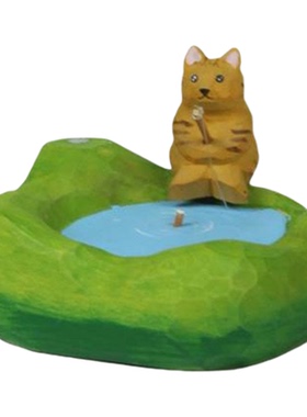纯手工实木雕刻摆件治愈系小猫钓鱼深林山间台阶可爱猫咪创意礼物