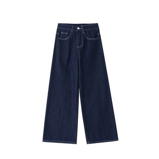深蓝色A字阔腿牛仔裤女高腰春季新款胖mm大码宽松显瘦垂感直筒裤