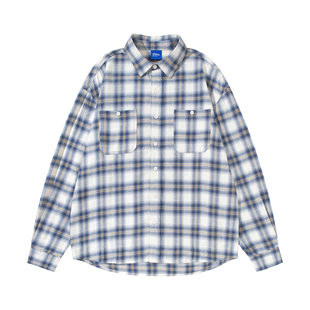 蓝白格子日系翻领长袖衬衫男生2026新款秋季宽松休闲上衣外套外搭