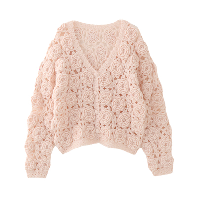MMC针织V领花朵镂空开衫上衣