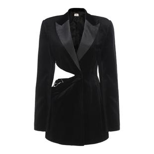 HAI STUDIO春夏女黑色丝绒露腰西装 原创小众设计师收腰显瘦外套