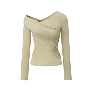 SENSEAWEEK26春季新品修身显瘦长袖上衣天丝醋酸斜肩捏褶打底衫