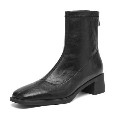 达芙妮黑色粗跟短靴英伦风瘦瘦靴