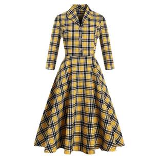 欧美法式甜美翻领七分袖黄色格子连衣裙春秋款收腰大摆过膝蓬蓬裙