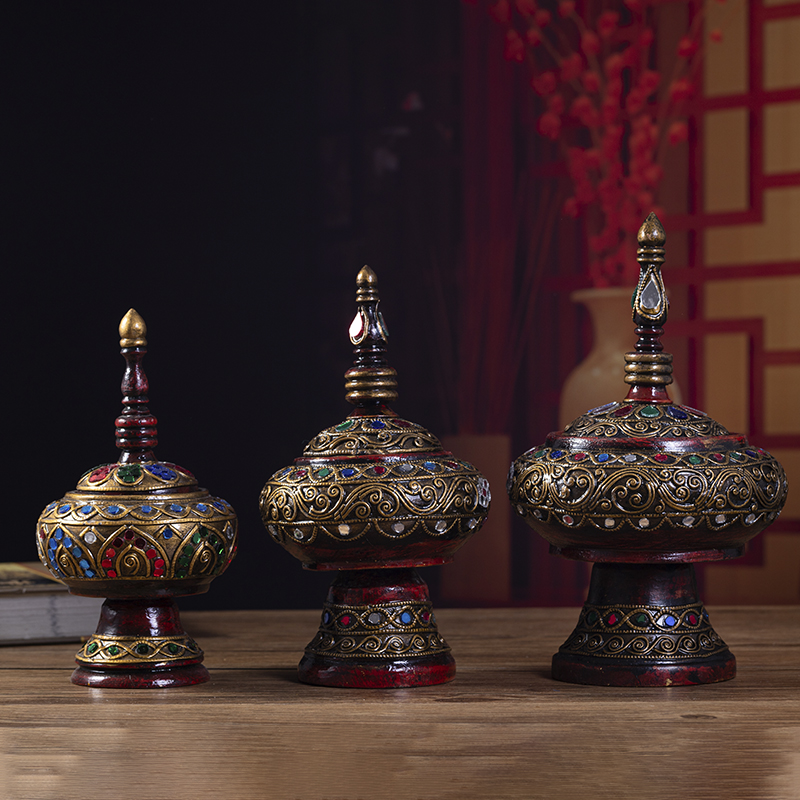 泰式实木金箔收纳盒家居客厅玄关电视柜装饰佛塔摆件东南亚工艺品