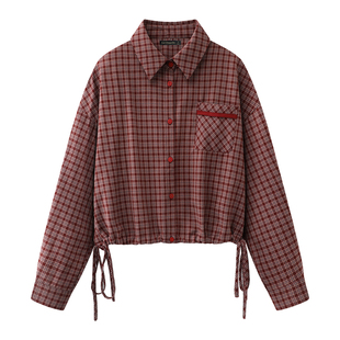 拉夏贝尔/La Chapelle复古红格子衬衫女春季新款抽绳收腰通勤上衣