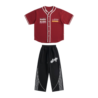 ROCKYROAD童装美式潮服棒球服开衫外套潮牌国潮时尚宽松衬衫短袖