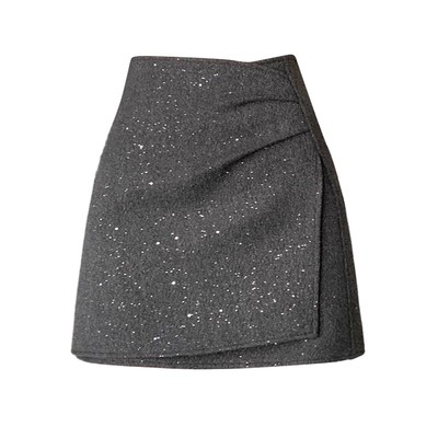 灰色亮片毛呢半身裙女秋冬