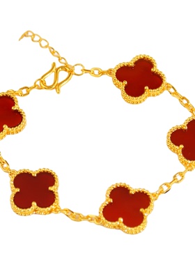 金包银红玛瑙四叶草手链女轻奢