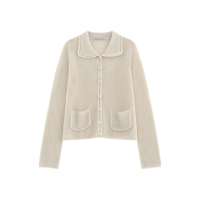 小翻领钩花镂空毛织开衫