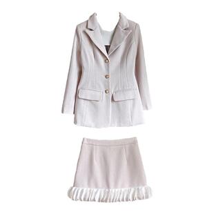 小香风套装裙【粉雾珊瑚岛】绵羊毛气质收腰上衣＋半身裙裤两件套